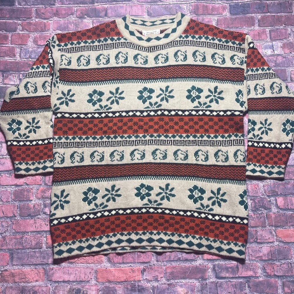Vintage 80s Coogi Style Women 3X Forelli Geometric Knit Crewneck Sweater Aztec